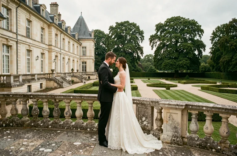 Couple de mariés devant un château en Île-de-France entouré de jardins à la française