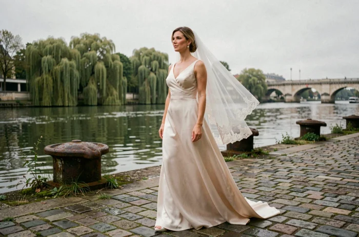 Mariée au bord de la Seine en Île-de-France avec son voile au vent lors d'une séance photo de mariage