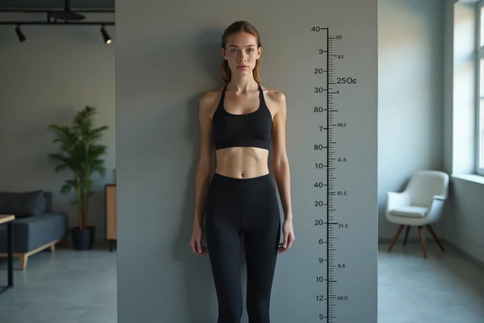 Jeune femme mesurée contre un mur de taille dans une agence de mannequinat, représentant les standards physiques et critères de mensurations pour mannequin femme