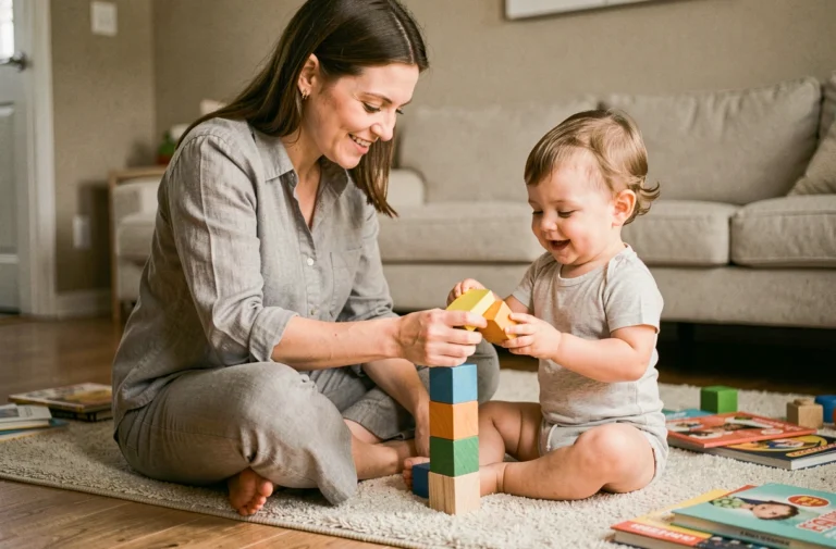 Mère et enfant en bas âge jouant ensemble avec des cubes en bois sur le sol d'un salon familial chaleureux