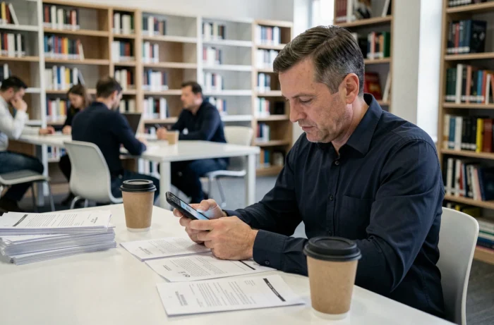 Homme numérisant des documents administratifs avec son smartphone pour les envoyer à Pôle emploi