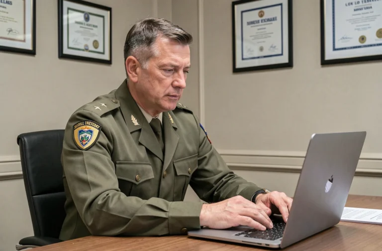 Officier militaire en uniforme consultant des documents officiels sur ordinateur dans un bureau administratif