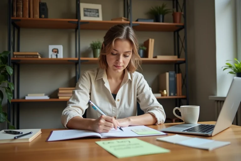 Femme organisée travaillant à son bureau avec une liste de tâches, un agenda et des outils de planification quotidienne