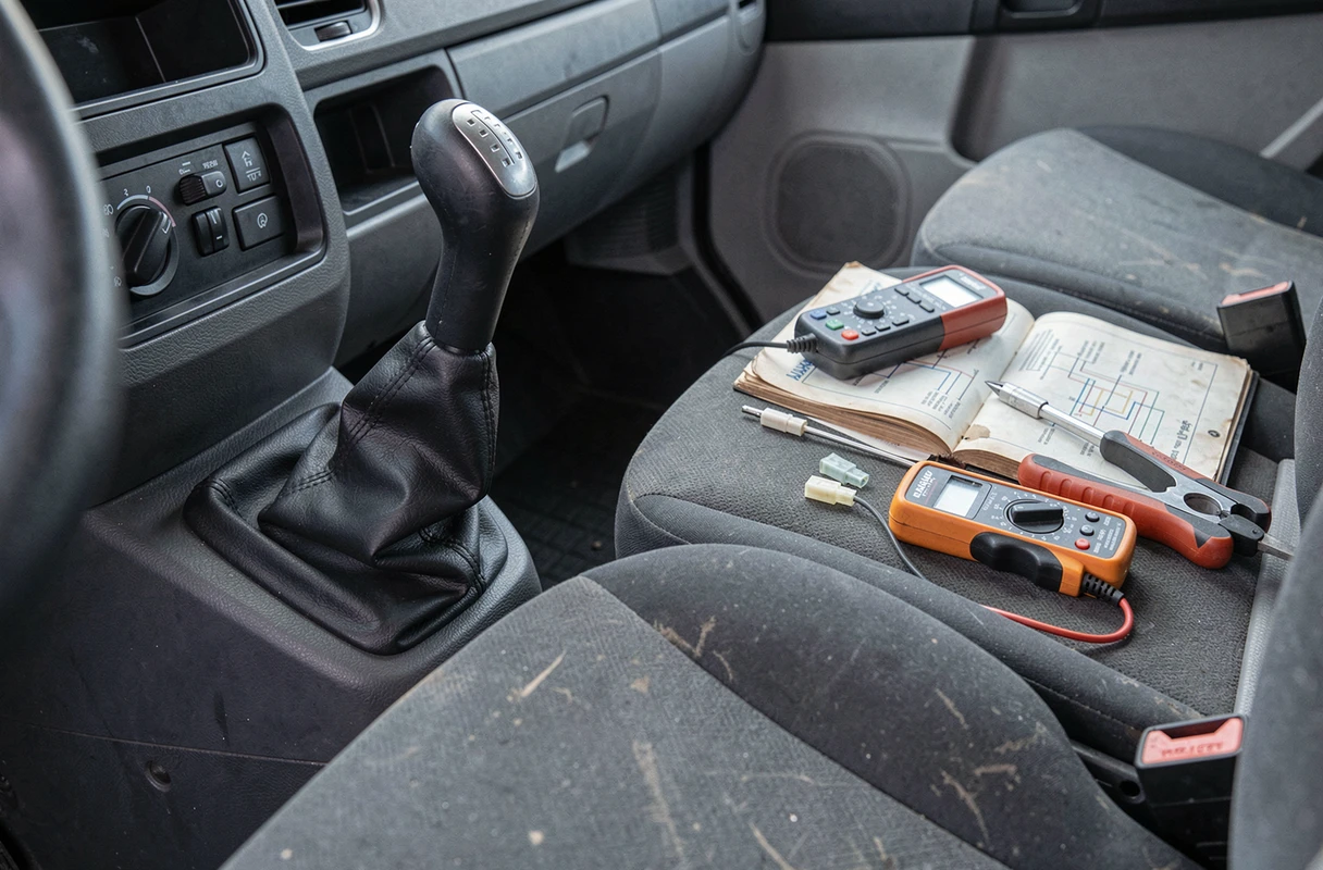 Outils de diagnostic posés sur le siège passager d'un Peugeot Boxer avec le faisceau électrique de colonne de direction visible pour la désactivation de l'anti-démarrage