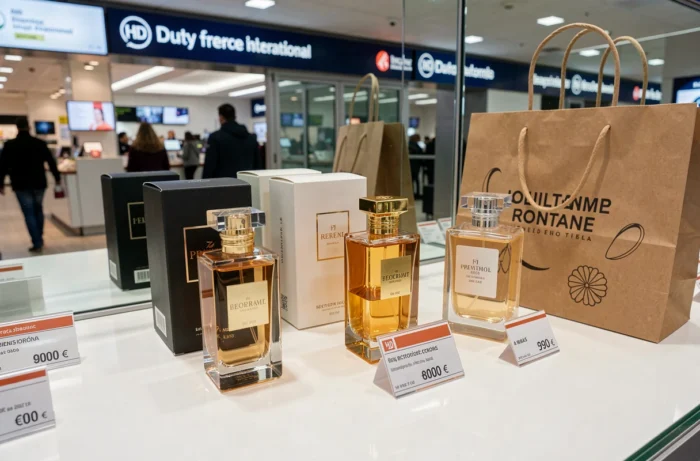 Parfums en vente dans une boutique duty-free d'un aéroport espagnol avec étiquettes de prix en euros