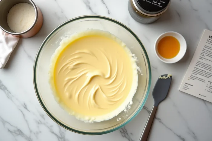Pâte à bombe finie dans un bol en verre sur un plan de travail en marbre, avec thermomètre et fiche de recette pour une préparation sécurisée
