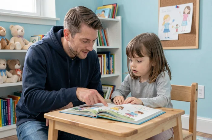 Père lisant un livre illustré avec sa fille dans une chambre d'enfant organisée et bienveillante