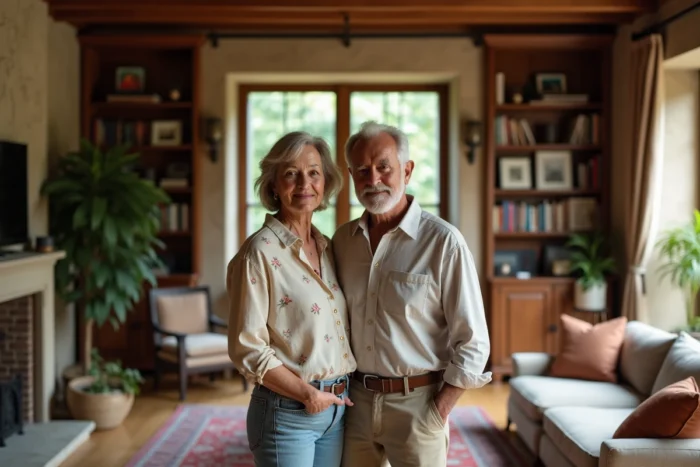 Couple posant dans un intérieur bourgeois français, portrait de Pierre Billon et son épouse dans leur demeure