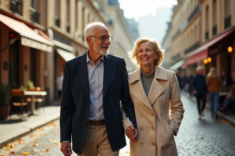Couple élégant se promenant dans une rue parisienne en automne, portrait de Pierre Billon et son épouse
