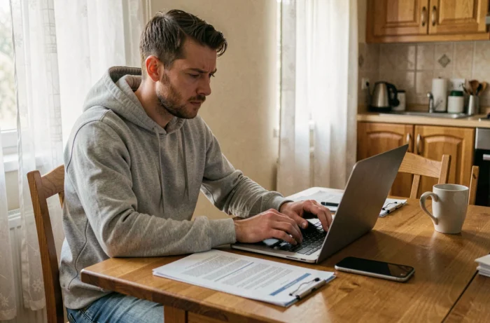 Un homme remplit une plainte en ligne pour vol depuis son domicile avec un ordinateur portable