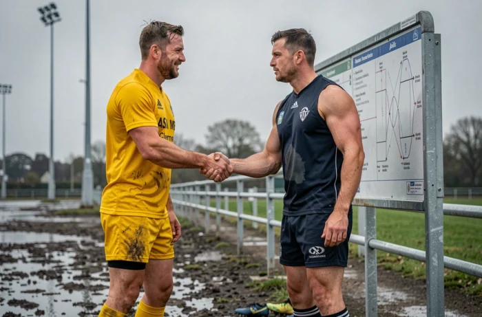 Zwei Rugbyspieler schütteln sich die Hand am Rande des Trainingsfeldes vor einem taktischen Board, was die Verhandlungen und Bewegungen von Spielern auf dem Transfermarkt von ASM Clermont veranschaulicht