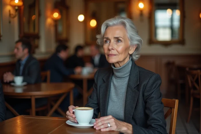 Portrait élégant d'une femme dans un café parisien, épouse d'une personnalité publique française