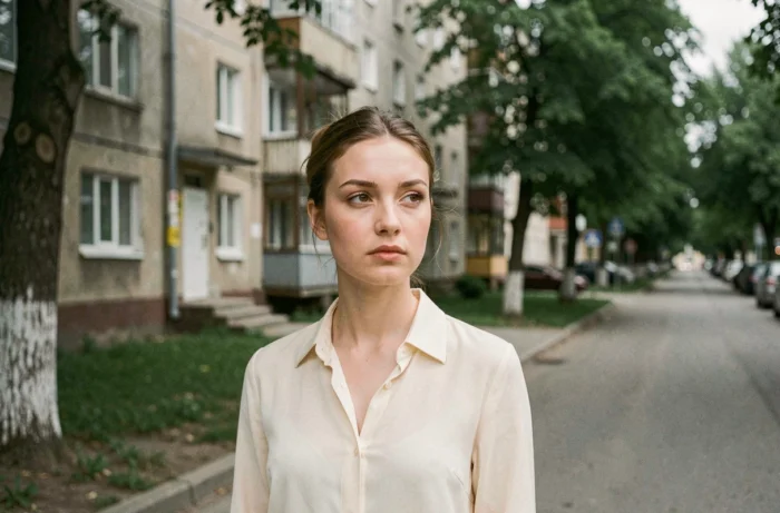 Portrait d'une jeune femme ukrainienne dans une rue calme bordée d'immeubles soviétiques et d'arbres dans une ville d'Ukraine