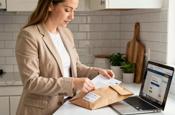Jeune femme préparant une enveloppe de documents à envoyer à Pôle emploi depuis sa cuisine