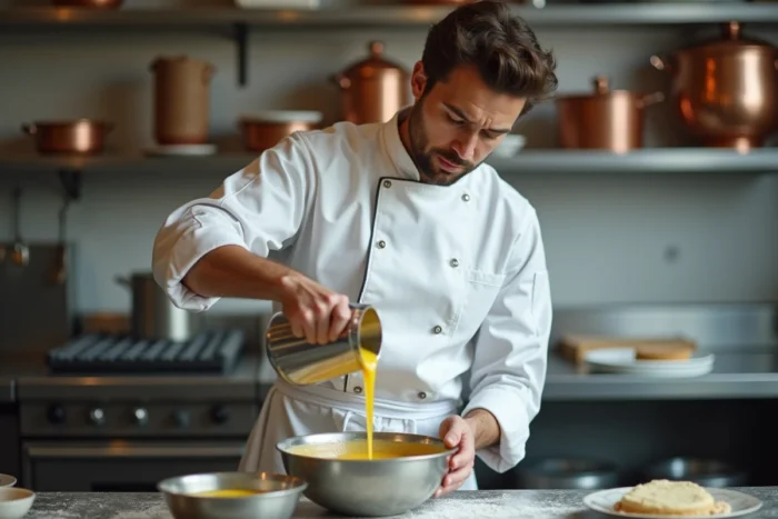 Chef pâtissier versant un sirop chaud sur des jaunes d'œufs pour préparer une pâte à bombe dans une cuisine professionnelle