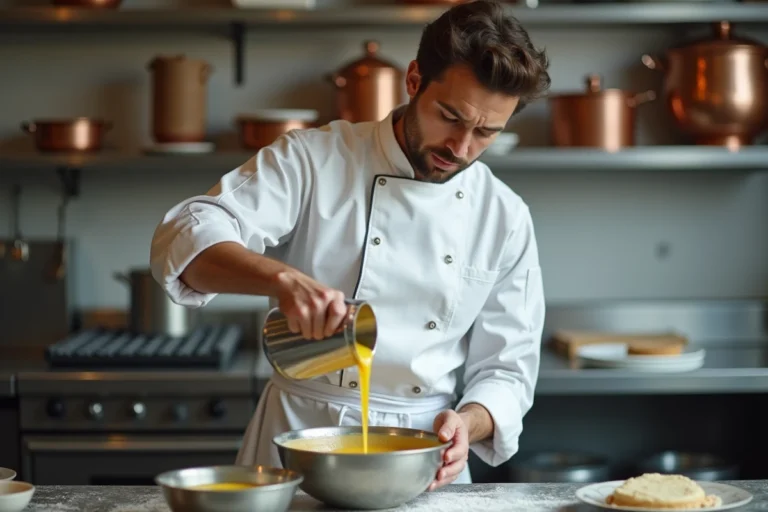 Chef pâtissier versant un sirop chaud sur des jaunes d'œufs pour préparer une pâte à bombe dans une cuisine professionnelle