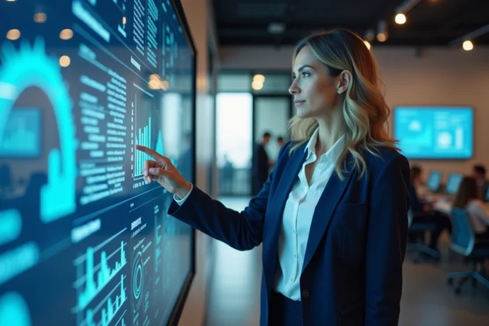 Une professionnelle utilisant un tableau de bord d'intelligence artificielle sur un écran tactile dans un bureau moderne lors d'une transformation digitale