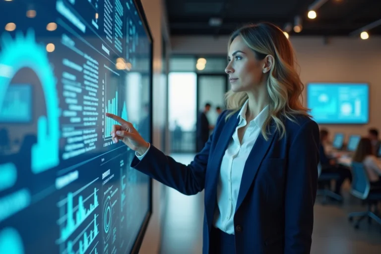 Une professionnelle utilisant un tableau de bord d'intelligence artificielle sur un écran tactile dans un bureau moderne lors d'une transformation digitale