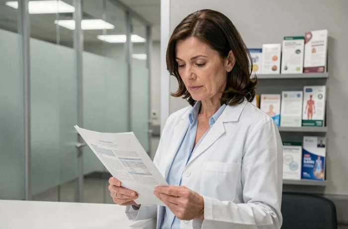Une professionnelle de santé en blouse blanche consulte un rapport médical dans une clinique moderne, illustrant les actualités santé récentes