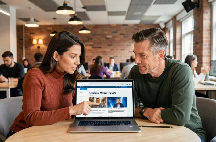 Deux professionnels analysant ensemble un site d'actualités pour décideurs sur laptop dans un espace de coworking