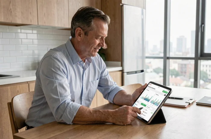 Propriétaire consultant le tableau de bord de gestion locative Locamoi sur une tablette dans son appartement