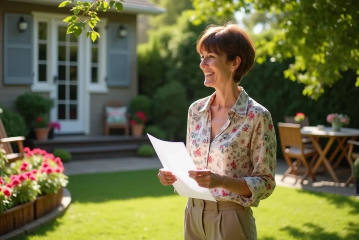 Propriétaire particulière présentant le jardin d'une petite maison à louer à un locataire potentiel