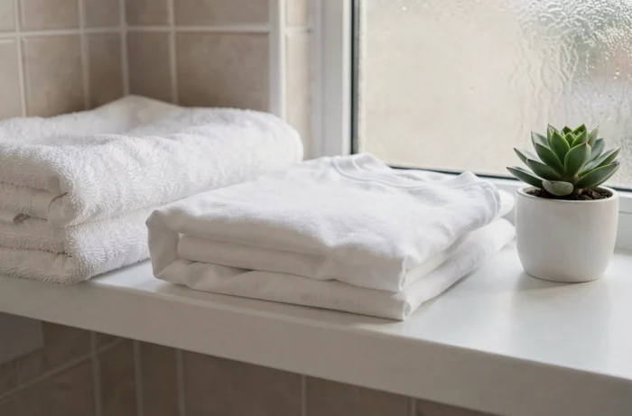 Gros plan sur une protection absorbante discrète pour adolescent posée dans une salle de bain propre