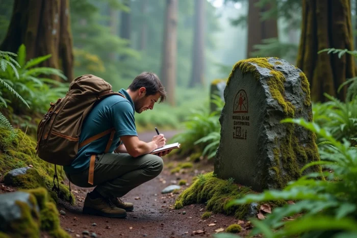 Randonneur prenant des notes dans un carnet au bord d'un sentier forestier lors d'une activité de voyage en pleine nature