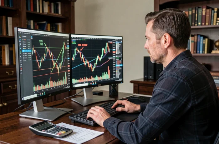 Un homme appliquant un ratio risque rendement fixe sur une position de trading affichée sur un double écran