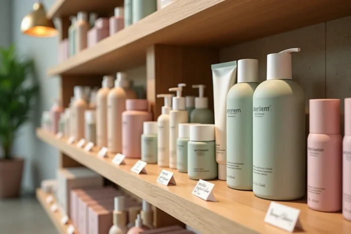 Rayon de produits beauté tendance dans une boutique concept store moderne au design minimaliste