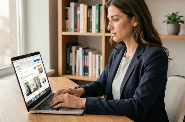 Femme consultant des sites d'offres d'emploi sur un ordinateur portable dans un bureau à domicile moderne