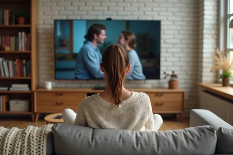 Jeune femme regardant la série La Flamme en streaming sur sa télévision dans son salon cosy