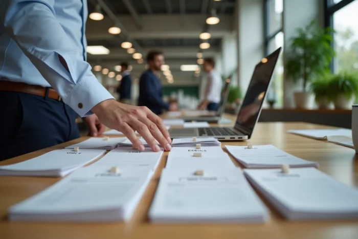 Homme regroupant des cartes de tâches en lots par catégories similaires sur un bureau debout dans un bureau moderne