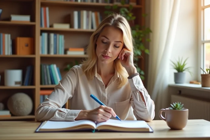 Femme effectuant sa revue hebdomadaire du vendredi en annotant son agenda avec des stylos colorés pour planifier la semaine suivante