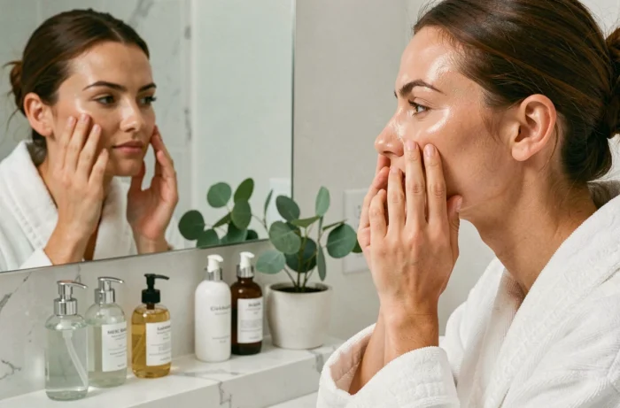 Femme appliquant un sérum visage dans une salle de bain minimaliste avec des produits de beauté soigneusement disposés
