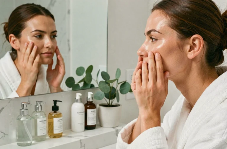 Femme appliquant un sérum visage dans une salle de bain minimaliste avec des produits de beauté soigneusement disposés