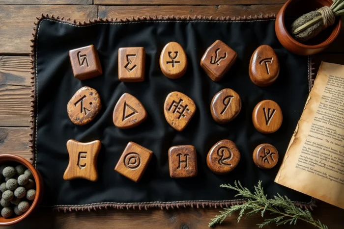Vue aérienne de runes Bourzeix en bois antique disposées sur du velours sombre avec parchemin manuscrit et accessoires rituels