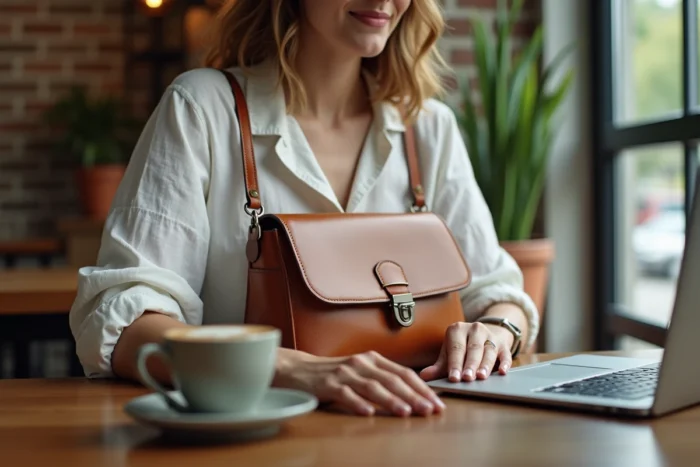 Femme posant son sac bandoulière en cuir cognac sur une table de café cosy, style quotidien et tendance