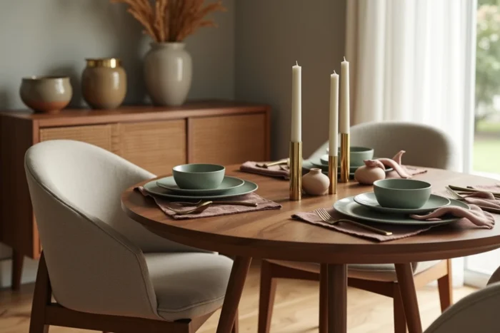 Coin salle à manger mid-century modern avec table en noyer, vaisselle céramique vert sauge, chaise bouclé courbe et buffet en rotin orné de botaniques séchées