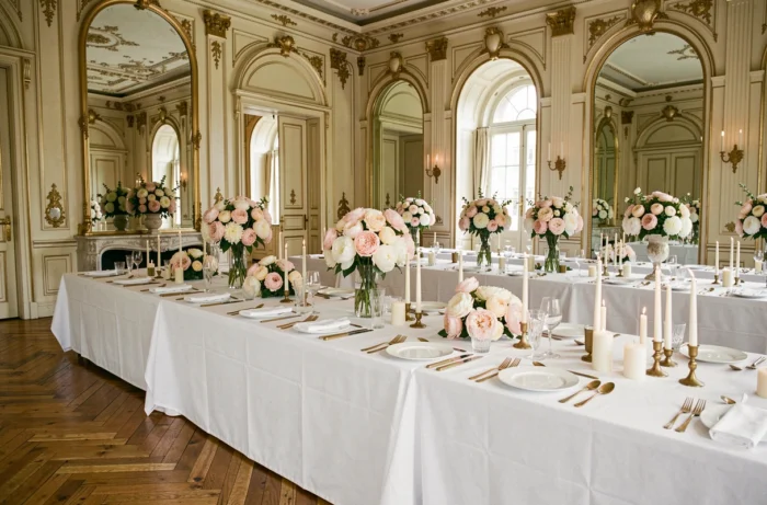 Salle de réception de mariage décorée dans un hôtel particulier parisien du XIXe siècle