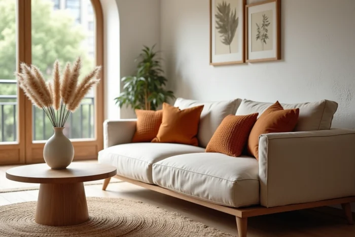 Salon scandinave moderne décoré avec un canapé en lin beige, des coussins en ocre et terracotta, une table basse en chêne brut et un vase en céramique avec de l'herbe de pampa séchée
