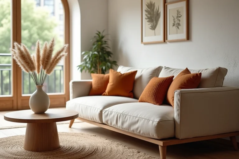 Salon scandinave moderne décoré avec un canapé en lin beige, des coussins en ocre et terracotta, une table basse en chêne brut et un vase en céramique avec de l'herbe de pampa séchée