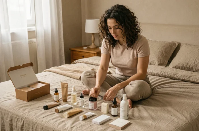 Jeune femme assise sur un lit entourée de produits de beauté et soins sélectionnés pour sa routine quotidienne