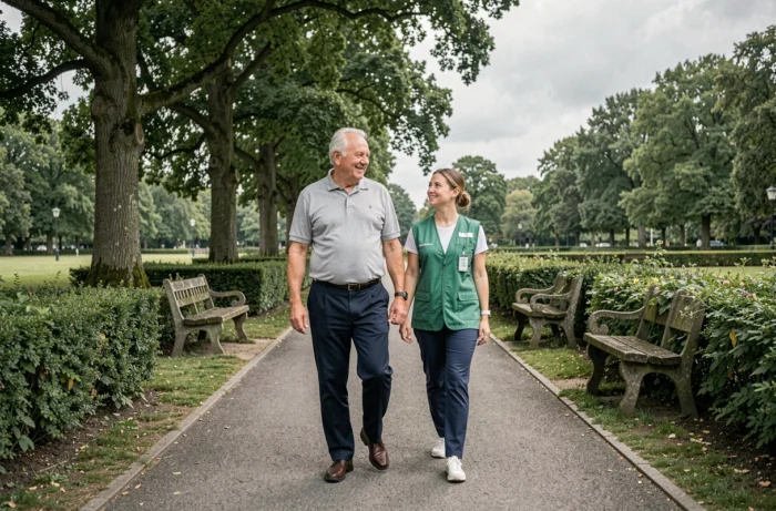Senior belge se promenant avec un aidant professionnel dans un parc public