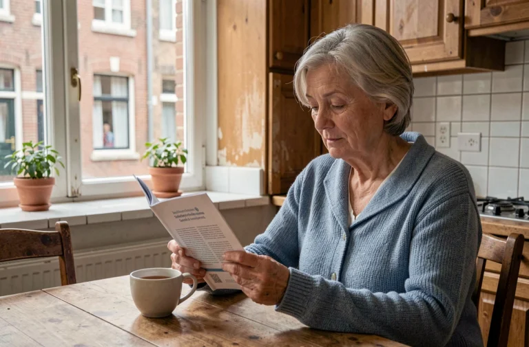 Senior belge lisant des ressources d'aide aux personnes âgées dans une cuisine chaleureuse