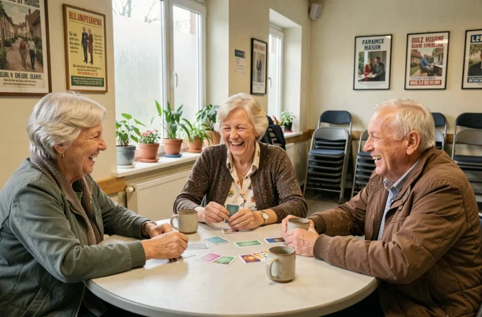 Groupe de seniors belges jouant aux cartes dans un centre communautaire local