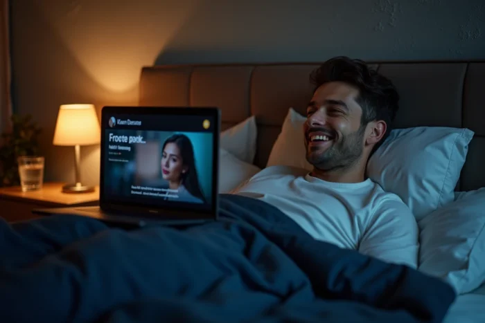 Homme regardant une série française en streaming gratuit sur son ordinateur portable dans sa chambre