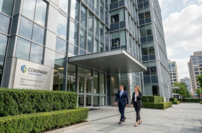 Modernes Hauptquartier eines Unternehmens mit Glas- und Stahlfassade, zwei Fachleute betreten das Gebäude
