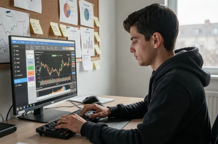 Un jeune homme utilisant un simulateur de trading sur ordinateur avant d'engager du capital réel