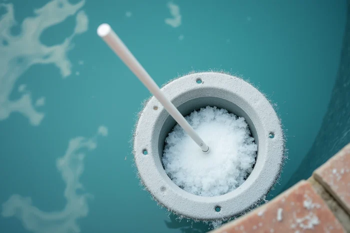 Panier de skimmer de piscine obstrué par des résidus de clarifiant en surdosage dans une eau trouble